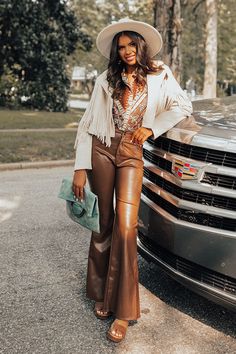 The Jake High Waist Faux Leather Flare Brown Leather Flare Pants Outfit, Fall Leather Flare Pants, Leather Pants Western Outfit, Western Chic Outfits Dressy, Nashville In December, Boho Cowgirl Style Western Chic, Western Brown Belt With Concho, Modern Cowgirl Outfits, What To Wear In Nashville