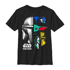 the star wars t - shirt is black with different colors and designs on it's chest