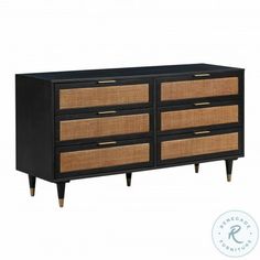 a black and brown dresser with wicker drawers