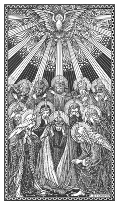 an image of the birth of jesus in black and white, with angels surrounding it