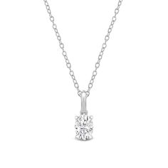 This solitaire pendant has the perfect mix of style and simplicity. The high-quality diamond in oval shape is secured by four prongs. It gently drops from a white gold bail with a knife-edge detail. Timeless Oval Pendant Diamond Necklace, Classic Diamond Oval Pendant Necklace, Classic Solitaire Necklace With Single Diamond, White Gold Diamond Necklace With Brilliant Cut Oval Pendant, Oval Sterling Silver Diamond Necklace, Diamond Solitaire Necklace Brilliant Cut Oval Pendant, Classic Diamond White Oval Pendant Necklace, Classic Solitaire Teardrop Pendant Necklace With Prong Setting, Diamond Solitaire Necklace With Brilliant Cut Oval Pendant