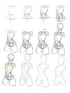 how to draw female torsos with different angles and shapes for each body, from the top