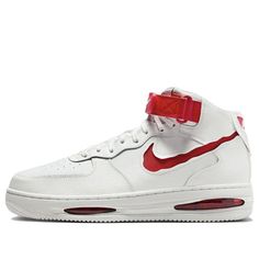 Nike Air Force 1 Mid Evo 'White University Red' FB1374-102 Nike Air Force 1 With Red Sole In White, White High-top Nike Air Force 1 With Red Sole, Nike Air Force 1 White With Red Sole, Nike Air Force 1 Mid, Air Force 1 Mid, Limited Edition Sneakers, Sport Sneakers, Air Force 1, Force