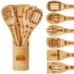 wooden utensils with engraved images in them