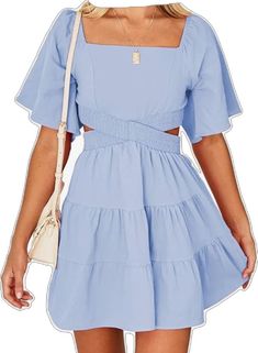 Chic Vacation Mini Dress By Amazon, Light Blue Dress For Day Out, Amazon Summer Mini Dress For Vacation, Amazon Short Sleeve Dresses For Spring, Amazon Ruffled Dresses For Beach, Amazon Beach Dresses With Ruffles, Fitted Amazon Mini Dress For Beach, Amazon Sundress For Vacation, Casual Blue Dresses From Amazon