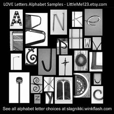 black and white photograph of letters that are all in different shapes, sizes and colors