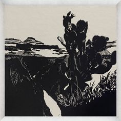 a black and white drawing of a cactus on the side of a hill with mountains in the background