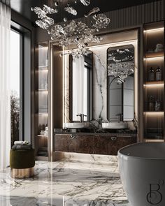 an elegant bathroom with marble floors and chandelier