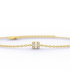 This 14k invisible baguette bracelet has the look of a 2 ct solitaire baguette diamond. Perfect for layering or to gift someone special. __________________________________________M A T E R I A L & L E N G T HAvailable in 14k Yellow Gold, 14k Rose Gold, 14k White GoldCharm Measurements: 5 mm x 5 mm ( 0.2 inch x 0.2 inch)Stone: Round and Baguette Natural DiamondsDiamonds: .25 ct twBracelet length: 6+1 inches (Let us know if you prefer a different length) Closure: Lobster ClaspChain: Cable chainCol Minimalist Diamond Bracelet With Baguette Diamonds, Minimalist Baguette Diamond Bracelets For Formal Occasions, Minimalist Formal Bracelets With Baguette Diamonds, Timeless Diamond Bracelet With Baguette Diamonds As Gift, Timeless Diamond Bracelet With Baguette Diamonds, 14k Gold Diamond Bracelet With Baguette Diamonds For Anniversary, Modern Baguette Diamond Bracelets For Anniversary, 14k Gold Diamond Bracelet With Baguette Diamonds, Diamond Bracelet With Baguette Diamonds As A Gift