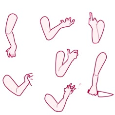 six different positions of the legs and hands in pink ink on white paper, each with one hand reaching out