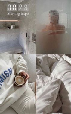 a collage of photos shows a person in bed holding a cup