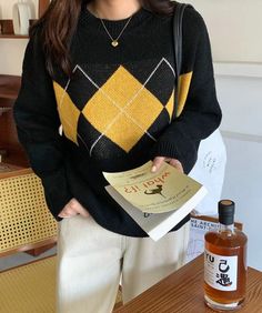 use code "OFFER" and get 20% off!!!! Elegant Sweater, Aesthetic Outfit Ideas, Sweater Style, Argyle Sweater, Yellow Sweater, Black Sweater, Belleza Natural, Fall Sweaters, Knitwear Women