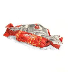 a drawing of a red bag with silver foil on it and an orange ribbon tied to the side