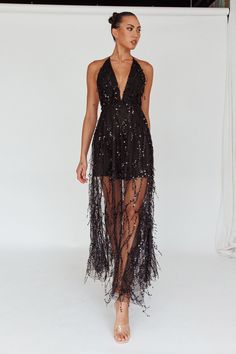 Shop the Tiara Sequin Maxi Dress Black | Selfie Leslie Glamorous Backless Sequin Dress With Back Opening, V-neck Backless Dress For Party Season, Maxi Length Sequin Fabric For Holiday Prom, Glamorous Backless Sequin Fabric For Prom, Sequin Halter Neck Mini Dress For Prom, Embellished Backless Sequin Fabric For Prom, Glamorous Backless Dress With Back Opening For Date Night, Contrast Sequin Maxi Dress For Party Season, Glamorous Halter Neck Dress With Contrast Sequin