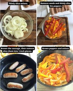 four pictures showing how to cook sausages and peppers in a skillet with instructions