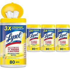 3 x lysol disinfective wipes in yellow and blue containers