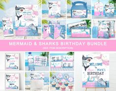 the mermaid and sharks birthday bundle includes items such as cupcakes, cards, napkins, and more