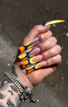 Blue And Orange Nails Designs, Yellow Orange Nails, Blue Yellow Nails, Ethereal Galaxy, Orange And Blue Nails, Drip Nails, Galaxy Nails