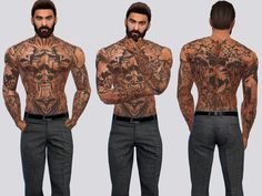 three different views of a man with tattoos on his chest and back, standing in front of the camera