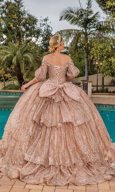 Gold quinceanera a-line ball gown with sweetheart neckline and removable puff sleeves. Whimsical Ball Gown, Bridgeton Ball, Ballroom Extravaganza, Royal Ball Gown, Victorian Era Clothing, Gold Quinceanera, Fairytale Life, Fantasy Ball, Royal Ball