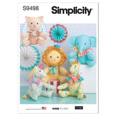 an image of stuffed animals on the cover of a sewing pattern for simplicity