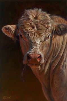 an oil painting of a brown cow looking at the camera