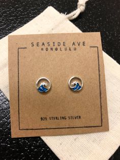 Blue wave stud earrings made with 925 sterling silver - comes with a gift bag! Blue Sterling Silver Jewelry Gift, Everyday Blue Jewelry With Matching Earrings, Blue Hypoallergenic Sterling Silver Jewelry, Blue Sterling Silver Earrings Gift, Hypoallergenic Sterling Silver Blue Earrings, Cadmium-free Blue Earrings As Gift, Surf Jewelry, Gifts For Surfers, Baby Earrings