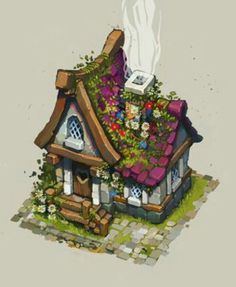 a house with flowers growing out of it's roof is shown in this drawing