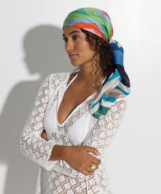 A minimalist geometric print comes alive with bold color and contrast. Wear the Island Tile Silk Square as a headwrap, around the shoulders, or even as a summery top. Dimensions: 35 in. x 35 in. Materials: 100% Silk Made in: China Question Sign, Hair Scarf, Bold Color, Scarf Hairstyles, Square Scarf, Head Wraps, Geometric Print, Bold Colors, Capri