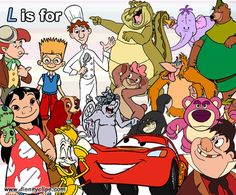 there are many cartoon characters in this picture with the caption l is for cars