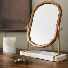 Antique Brass and Marble Vanity Mirror - Magnolia Mirrors For Desk, Small Vintage Mirror, Wood Bath Tray, Fireplace Baskets, Comfy Room, Home Office Inspo, Sunset Hill, European Decor, Wood Bath