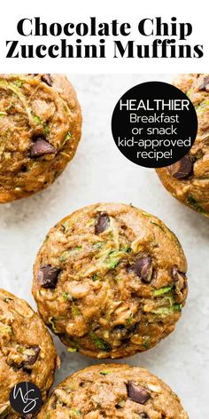 chocolate chip zucchini muffins on a white surface with the title above it