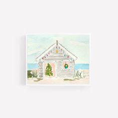 a watercolor painting of a beach hut with christmas decorations on the roof and door