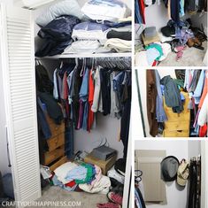 the closet is cluttered with clothes and other things to put in it for storage