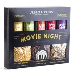 the urban accents movie night popcorn set includes five different flavored popcorns and three flavors of popcorn