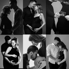 black and white photo collage of pregnant couple with baby bumping her belly while husband kisses his wife's stomach