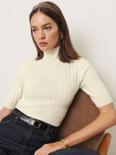 Layer up. Shop the Margoax Regenerative Merino Mock Neck Sweater from Reformation, a short-sleeve sweater with a mock neckline and ribbing throughout. Mock Neck Top Outfit Layered, Mock Neck Sweater Outfit, Mock Neck Outfit, Mock Neck Top Outfit, Mockneck Longsleeve, Reformation Top, Work Sweater, 2024 Wardrobe, Fashion Expression