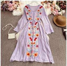 Name:Bohemian ethnic style, holiday dress, vintage, heavy embroidery, V-neck dressMaterial:blendedColor:white,lavender,yellow,navy blue,redStyle:Bohemian ethnic styleFeatures: vintage, heavy embroiderySize(cm):free 1inch=2.54cmbust:96,length:106,shoulder:42,sleeve:55&ltp&gtNote:Due to different measurement methods,there will be 1-3 error(unite:cm), please understand.</p>&ltbr/>&ltp&gtPlease check the size carefully when you choose items,thank you.</p>&ltbr/ Spring Festival Embroidered V-neck Dress, Traditional V-neck Boho Dress For Spring, Folk Style Long Boho Dress For Spring, Long Folk Boho Dress For Spring, Folk Style Long Boho Spring Dress, Multicolor Folk Style V-neck Dresses, Long Boho Folk Dress For Spring, Spring Folk Long Boho Dress, Purple Bohemian Dress For Spring