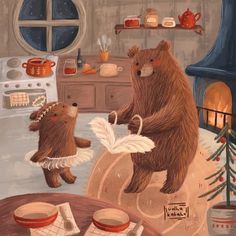 a painting of two bears in the kitchen