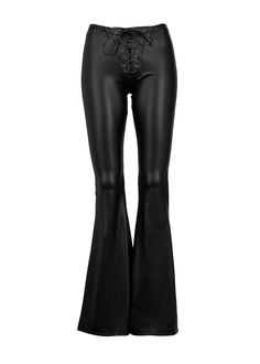 Rev up your look when you rock these rad flared pants! The bell bottoms are made out of a black faux leather fabric that looks and feels fabulous. These flares are slim fit from the hip through the knee that flares to a bell bottom leg. Pull-on elastic waistband with stunning lace up details. Available in sizes S, M and L. Made out of 95% polyester and 5% spandex. Be a new kind of rebel in these fierce faux leather bell bottom pants! Measurements SIZE CHART BOTTOMS XS S M L XL XXL WAIST (in) 23- Black Bell Bottoms Outfit, Black Bell Bottoms, Black Leather Jeans, Bell Bottoms Outfit, Goth Pants, Paint It Black, Black Leather Pants, Bell Bottom Pants, Flared Pants