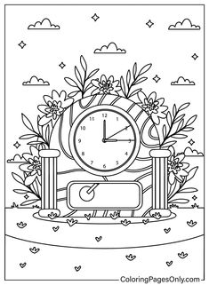 a black and white drawing of a clock surrounded by flowers