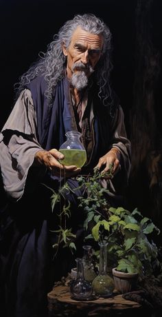 an old man with long hair and beard holding a glass jar filled with green liquid