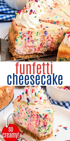 a slice of funfetti cheesecake on a plate