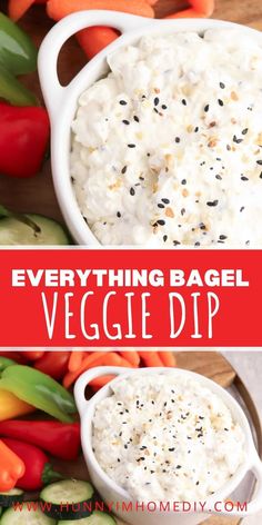 everything bagel veggie dip in a white bowl surrounded by vegetables