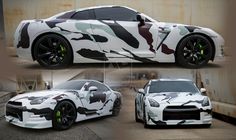 two different views of a camo sports car, one in white and the other in black