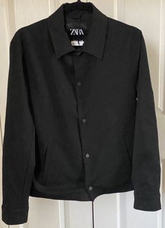 Zara size M 4 Way Stretch Black Button Coach Jacket. Condition is "New with tags". Nice clean simple but chic unisex jacket Casual Black Outerwear With Double Button Closure, Casual Spring Pea Coat For Business, Casual Button-up Outerwear With Double Button Closure, Casual Double Button Closure Button-up Outerwear, Casual Single Breasted Pea Coat For Business Casual, Casual Black Single Breasted Pea Coat, Casual Black Single-breasted Pea Coat, Zara Collared Outerwear With Buttons, Zara Casual Outerwear With Double Button Closure