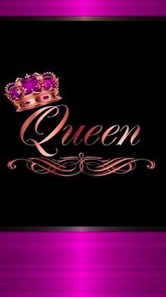 the word queen with a crown on it in gold and purple colors, against a black background