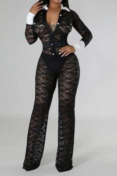 Take a leap of style in our Tricks Up My Sleeve Sheer Lace Jumpsuit! This daring jumpsuit features sheer lace for a sultry touch, while the long sleeves add an element of sophistication. Perfect for a night out or a special event, this jumpsuit will have you standing out and feeling fearless! Available in sizes S-2XL. Decoration Button , Lace Length Floor-Length Style Sexy & Club Fabric Type Lace , Blended fabrics Material Polyester , Spandex Neckline Turn-down Collar Pattern Type Patchwork Slee Women Long Sleeve Jumpsuit, Black Jumpsuit Dress, Take A Leap, Designer Jumpsuits, Lace Jumpsuit, Lace Patchwork, Curvy Dress, Long Sleeve Jumpsuit, Long Sleeve Lace Dress