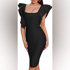 Women’s Elegant Formal Cocktail Ruffle Sleeve Square Neck Midi Dress Size M Nwot - New Without Tags Black Ruffle Sleeve Party Dress, Black Ruffle Sleeve Dress For Night Out, Elegant Ruffle Sleeve Midi Dress For Date Night, Elegant Midi Dress With Ruffle Sleeves For Date Night, Black Midi Length Bodycon Dress With Ruffles, Black Midi Bodycon Dress With Ruffles, Black Ruffle Sleeve Formal Dress, Black Formal Dress With Ruffle Sleeves, Elegant Black Mini Dress With Ruffle Sleeves