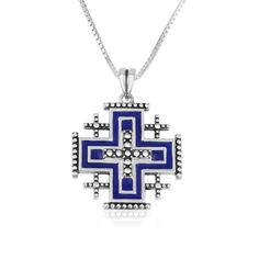 * Sterling silver Jerusalem cross pendant. * Size in inches: 2.6 X 2.  * Exquisite attention to every detail.   * The symbolism of the five-fold cross is variously given as the Five Wounds of Christ, Christ and the four evangelists, or Christ and the four quarters of the world.   * These flawlessly hand-made pendants are directly from the land Jesus was conceived, served and set out His life.   * Engraved in English: Jerusalem.    * Designed by Marina Meiri; made in the Holy Land.   * For God so Blue Cross Spiritual Jewelry, Blue Spiritual Cross Jewelry, Blue Sterling Silver Crucifix Jewelry, Blue Sterling Silver Cross Pendant Necklace, Blue Sterling Silver Cross Necklace Gift, Blue Cross Spiritual Necklace, Blue Crucifix Jewelry As Gift, Blue Crucifix Jewelry For Gift, Blue Pendant Cross Necklace Gift